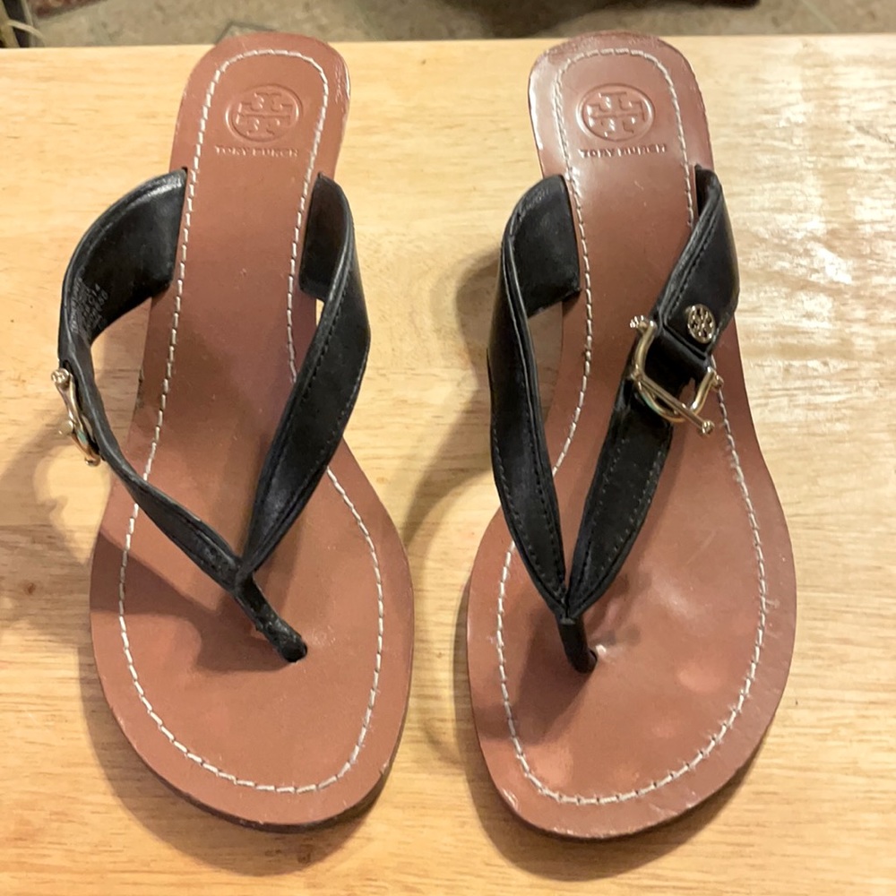 Tory Burch Nora Mestico Black Thong Wedge Sandals